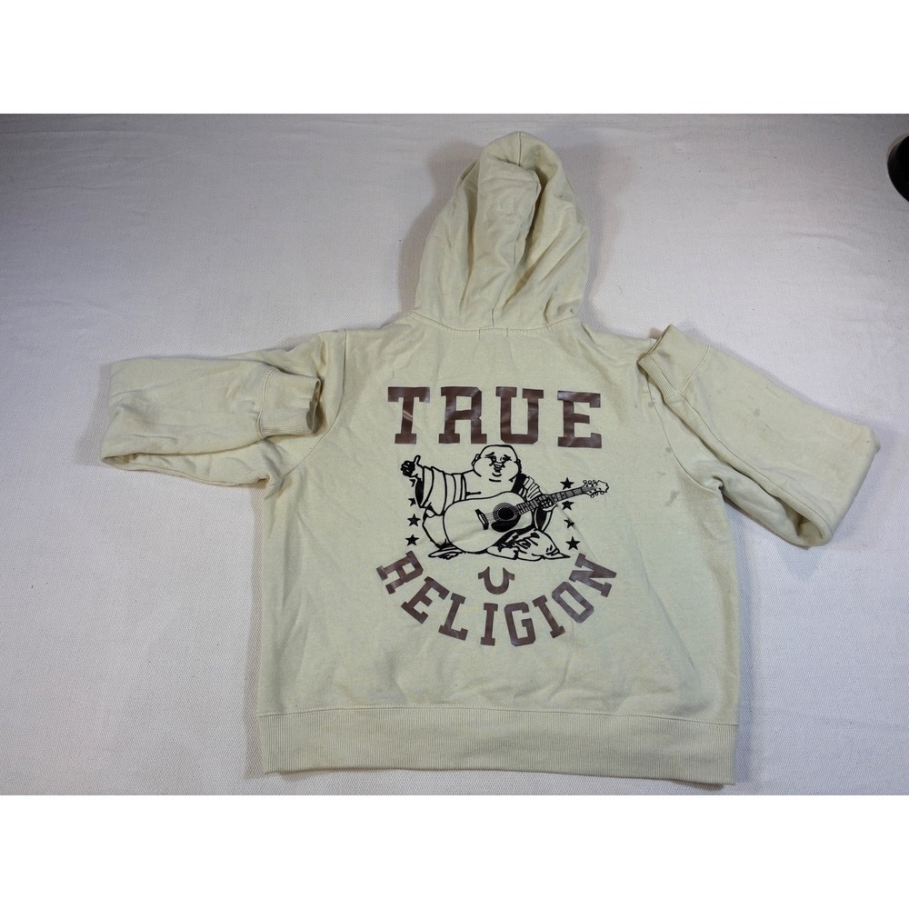 True Religion Starry Buddha Cropped Hoodie‎ Cream Ivory Pullover Womens XL